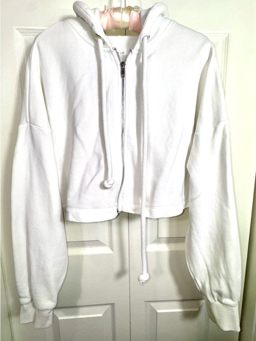 Grey Lab Cropped Hoodie White Bubble Hem Zip Up Size S/M